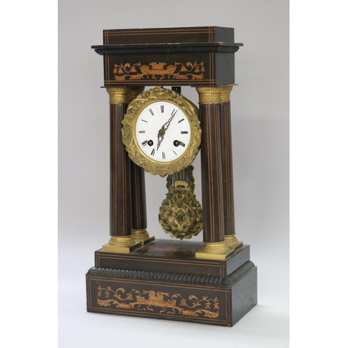 1171 - Antique French Napoleon III period portico clock, with marquetry inlaid decoration, no key, has pend... 