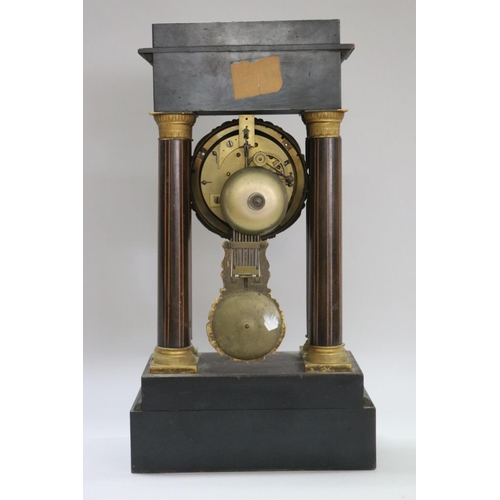 1171 - Antique French Napoleon III period portico clock, with marquetry inlaid decoration, no key, has pend... 