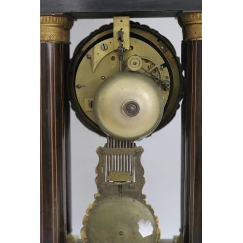 1171 - Antique French Napoleon III period portico clock, with marquetry inlaid decoration, no key, has pend... 