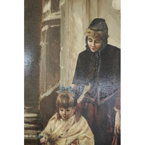 1189 - Unknown, French school, oil on panel, mother and child on a porch feeding birds, approx 95.5cm H x 5... 