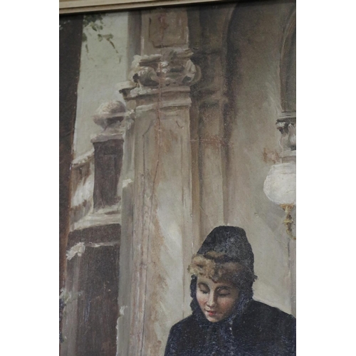 1189 - Unknown, French school, oil on panel, mother and child on a porch feeding birds, approx 95.5cm H x 5... 