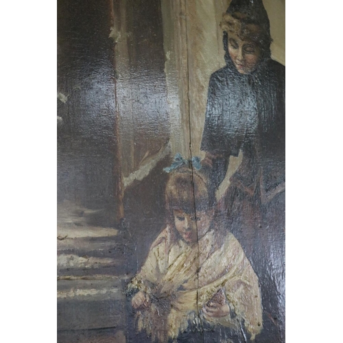 1189 - Unknown, French school, oil on panel, mother and child on a porch feeding birds, approx 95.5cm H x 5... 