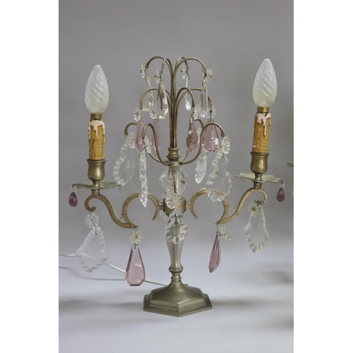 1197 - Set of three French girandole lamps, with lustres, unknown working order, approx 42cm H x 33cm dia &... 