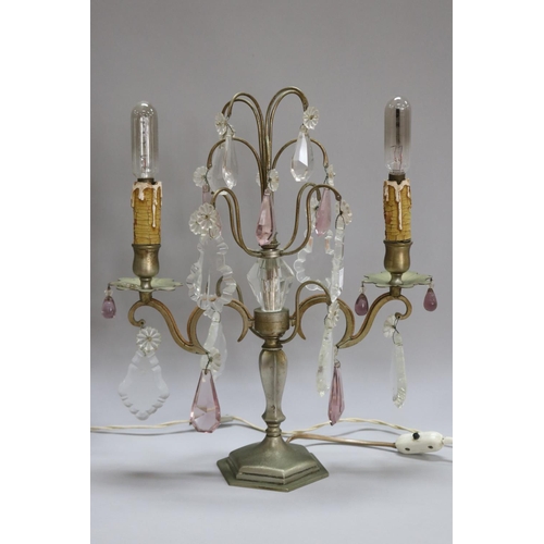 1197 - Set of three French girandole lamps, with lustres, unknown working order, approx 42cm H x 33cm dia &... 