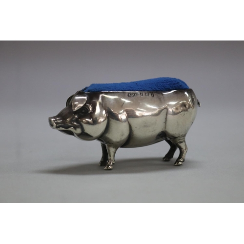 1255 - Antique hallmarked sterling silver pig pin cushion, Birmingham, 1906-07, maker Adie and Lovekin, tot... 