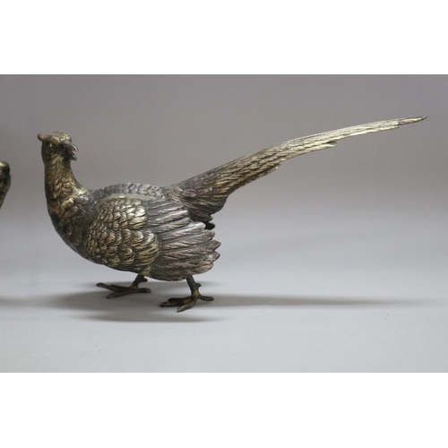 1009 - Pair of sterling silver table pheasants, impressed STERLING 925 to feet, total approx 600 grams, app... 