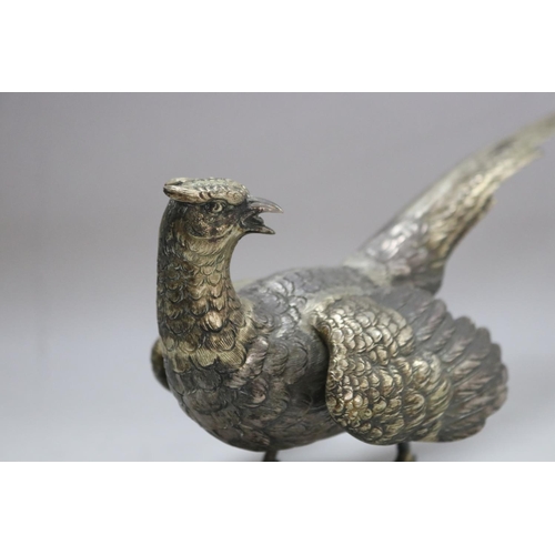 1009 - Pair of sterling silver table pheasants, impressed STERLING 925 to feet, total approx 600 grams, app... 