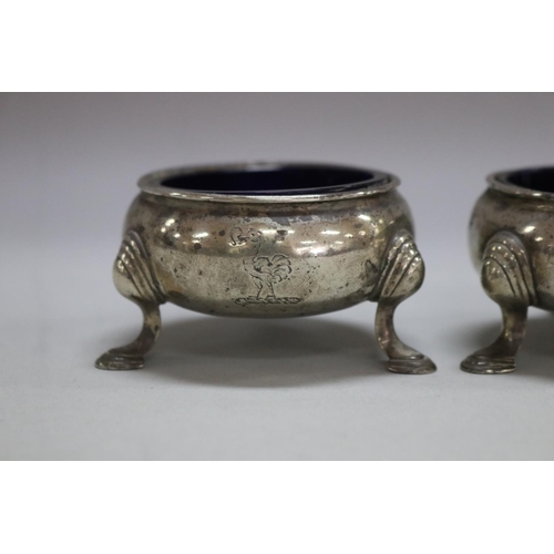 1099 - Pair of antique hallmarked sterling silver salts with blue glass liners, London 1740-41, Edward Wood... 