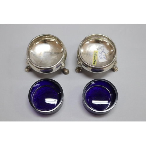 1178 - Pair of antique 18th century hallmarked sterling silver salts with blue glass liner, London, total a... 