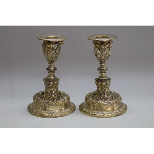 1253 - Pair of Elkington & Co gilt plated candlesticks, well cast, Renaissance style, marked to base, each ... 