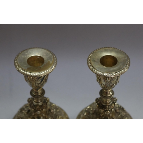 1253 - Pair of Elkington & Co gilt plated candlesticks, well cast, Renaissance style, marked to base, each ... 