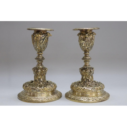 1253 - Pair of Elkington & Co gilt plated candlesticks, well cast, Renaissance style, marked to base, each ... 