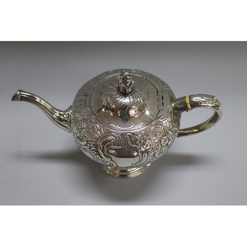 1258 - Antique English George II hallmarked sterling silver pedestal teapot, Edinburgh, 1756-57, Ker & Demp... 