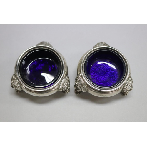 1087 - Pair of antique William IV hallmarked sterling silver salts with blue glass liners, London, 1834-35,... 