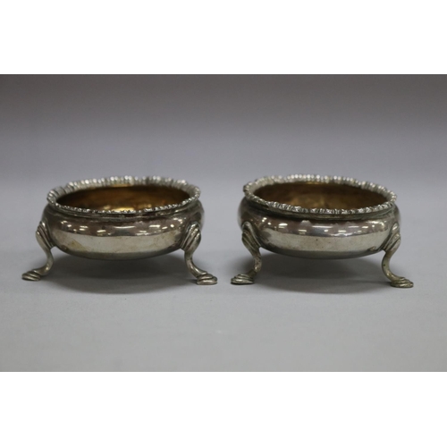 1179 - Pair of antique English hallmarked sterling silver salts, total approx 95 grams and 7cm Dia x 3cm H ... 