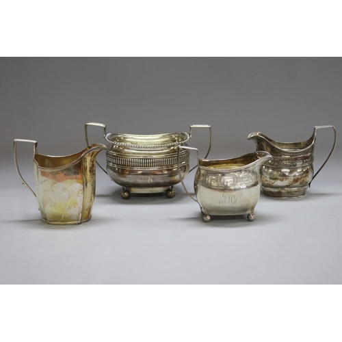 1181 - Assortment of antique hallmarked sterling silver three creamers & one sugar, London various dates an... 