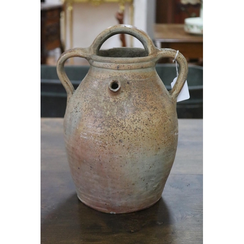 1313 - French stoneware triple handled vessel with single spout, approx 32cm H x 23cm W x 20cm D (excluding... 