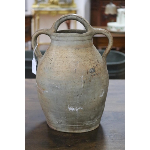 1313 - French stoneware triple handled vessel with single spout, approx 32cm H x 23cm W x 20cm D (excluding... 