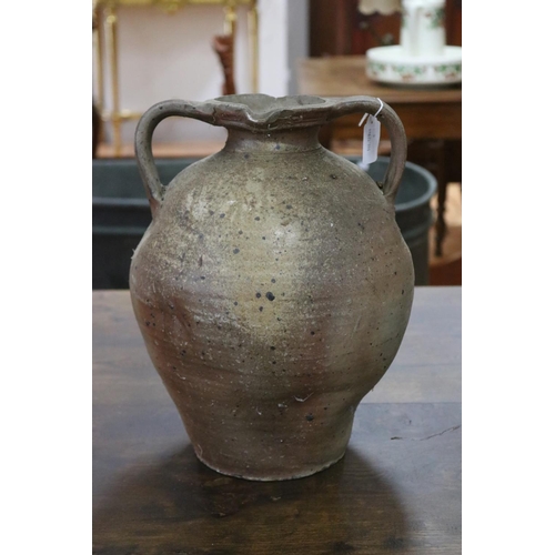 1316 - French twin handled stoneware vessel with single spout, approx 33cm H x 35cm dia