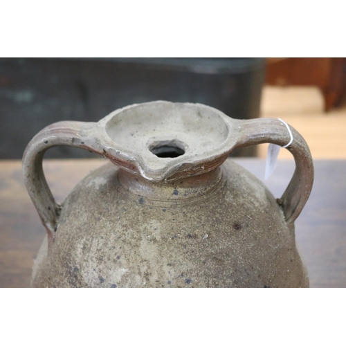 1316 - French twin handled stoneware vessel with single spout, approx 33cm H x 35cm dia