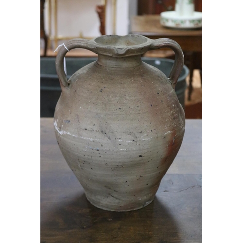 1316 - French twin handled stoneware vessel with single spout, approx 33cm H x 35cm dia