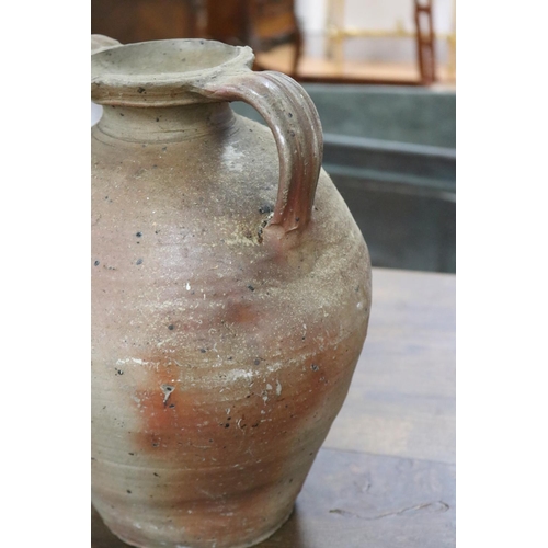 1316 - French twin handled stoneware vessel with single spout, approx 33cm H x 35cm dia