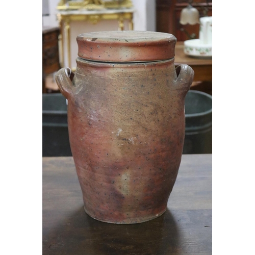 1317 - French twin handled lidded stoneware confit pot, approx 40cm H x 30cm W x 26cm D (including handles ... 
