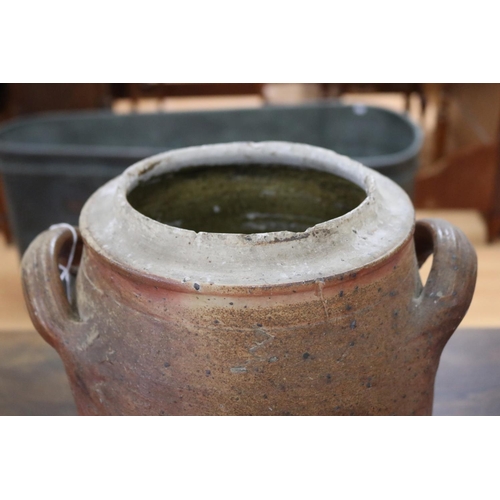 1317 - French twin handled lidded stoneware confit pot, approx 40cm H x 30cm W x 26cm D (including handles ... 