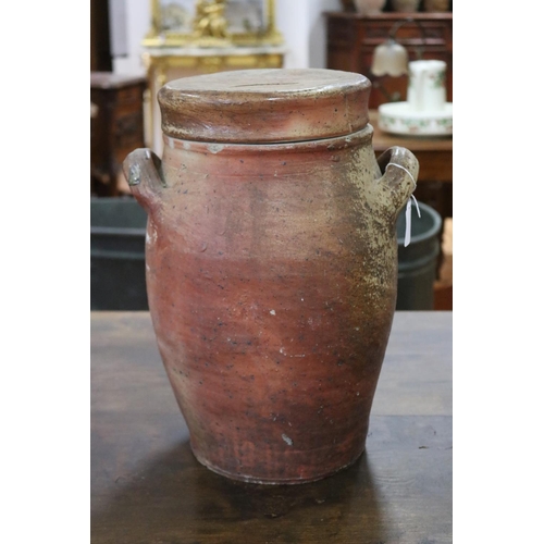 1317 - French twin handled lidded stoneware confit pot, approx 40cm H x 30cm W x 26cm D (including handles ... 