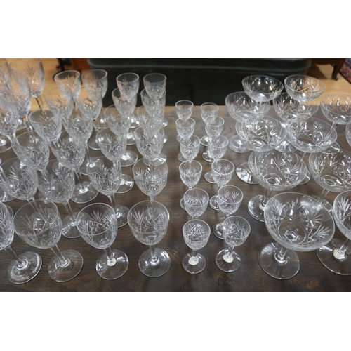 1024 - Set of French Cristallerie Lorraine crystal glasses, one with crack, approx 62 glasses