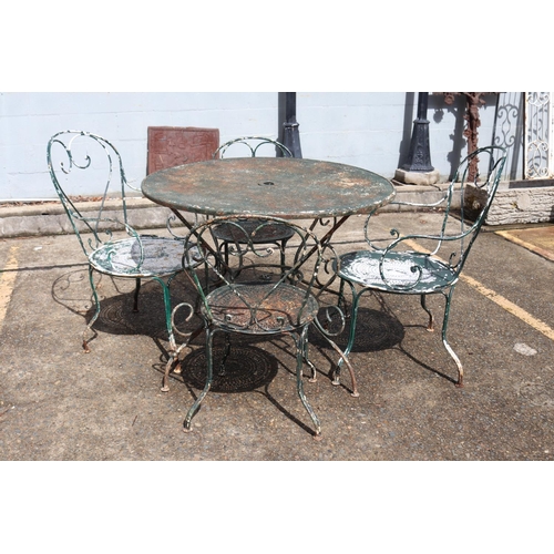 1061 - Vintage French iron garden setting, comprising of circular table & four chairs, table approx 72cm H ... 