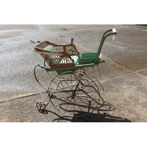 1183 - Unique Antique French child's woven cane and iron framed pram or hand cart, approx 84cm L x 60cm W x... 