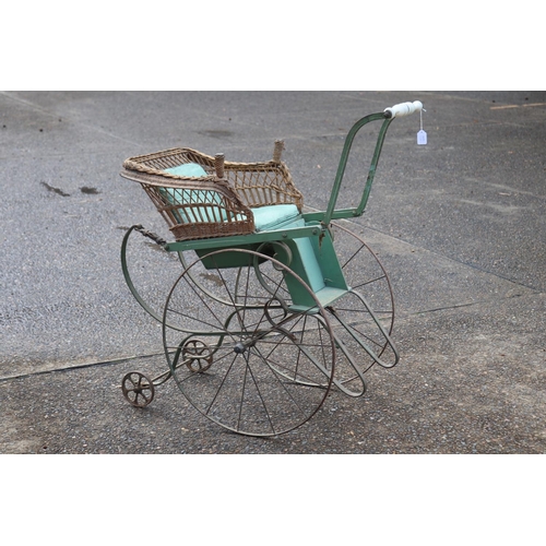 1183 - Unique Antique French child's woven cane and iron framed pram or hand cart, approx 84cm L x 60cm W x... 