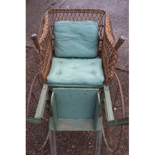 1183 - Unique Antique French child's woven cane and iron framed pram or hand cart, approx 84cm L x 60cm W x... 