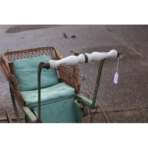 1183 - Unique Antique French child's woven cane and iron framed pram or hand cart, approx 84cm L x 60cm W x... 