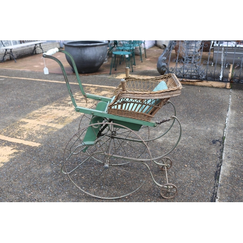 1183 - Unique Antique French child's woven cane and iron framed pram or hand cart, approx 84cm L x 60cm W x... 