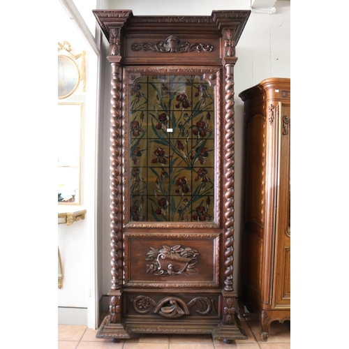 1039 - Antique French Henri II single door bookcase, with hand painted stained glass front, all carved in r... 