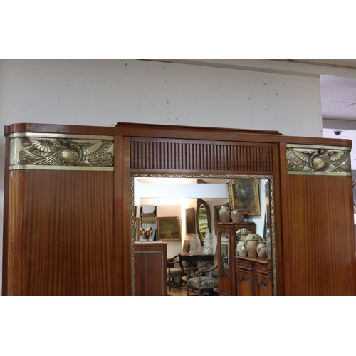 1053 - French Art Deco armoire, with central mirrored door, with silvered brass  mounts of two doves, appro... 