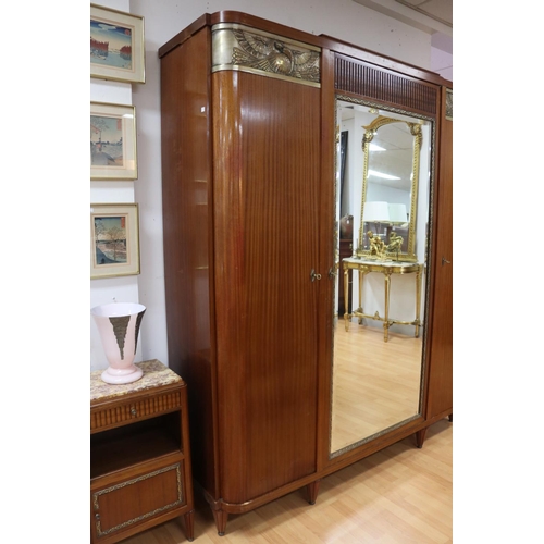1053 - French Art Deco armoire, with central mirrored door, with silvered brass  mounts of two doves, appro... 