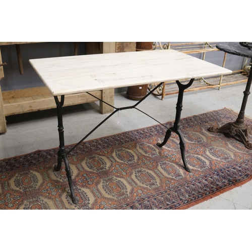 1151 - Vintage French bistro table with white marble top & black painted wrought iron frame, approx 100cm L... 