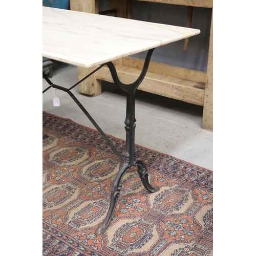 1151 - Vintage French bistro table with white marble top & black painted wrought iron frame, approx 100cm L... 