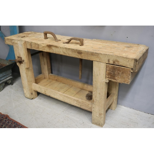 1169 - Old rustic French work bench, with vice & bulldog clips, approx 161cm L x 46cm W x 78cm H