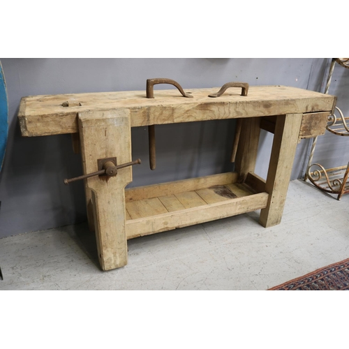 1169 - Old rustic French work bench, with vice & bulldog clips, approx 161cm L x 46cm W x 78cm H