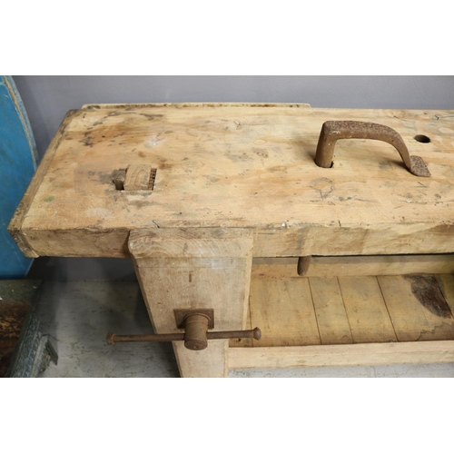 1169 - Old rustic French work bench, with vice & bulldog clips, approx 161cm L x 46cm W x 78cm H