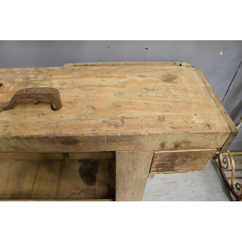 1169 - Old rustic French work bench, with vice & bulldog clips, approx 161cm L x 46cm W x 78cm H