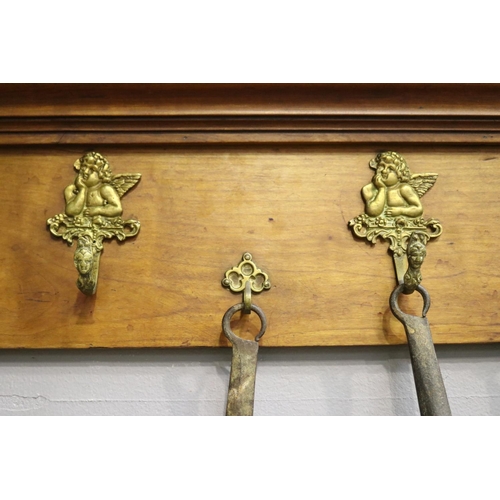 1220 - Antique French carved oak kitchen pot hanger with a set of heavy copper French saucepans, rack appro... 