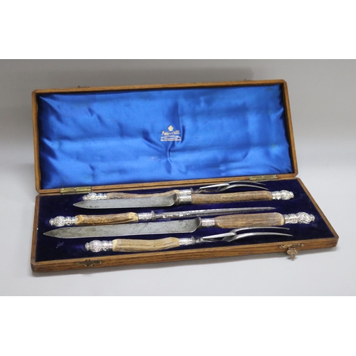 1264 - Five piece sterling silver mounted carving set, cased, case approx 4.5cm H x 44.5cm W x 18cm D