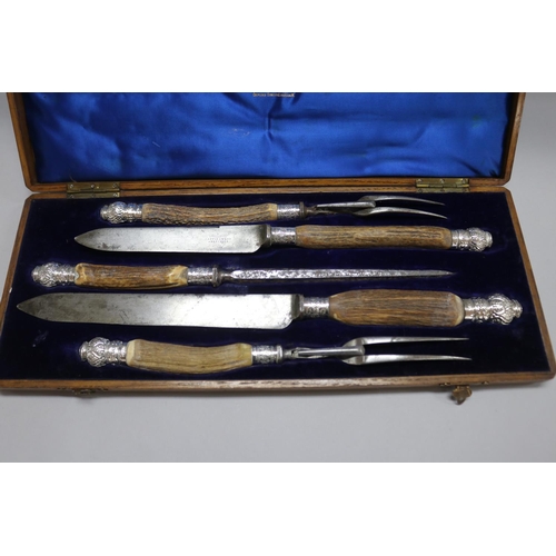 1264 - Five piece sterling silver mounted carving set, cased, case approx 4.5cm H x 44.5cm W x 18cm D