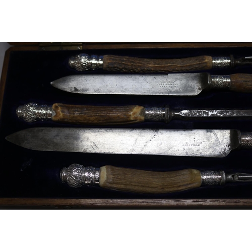 1264 - Five piece sterling silver mounted carving set, cased, case approx 4.5cm H x 44.5cm W x 18cm D