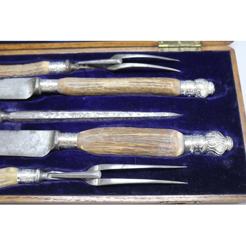 1264 - Five piece sterling silver mounted carving set, cased, case approx 4.5cm H x 44.5cm W x 18cm D